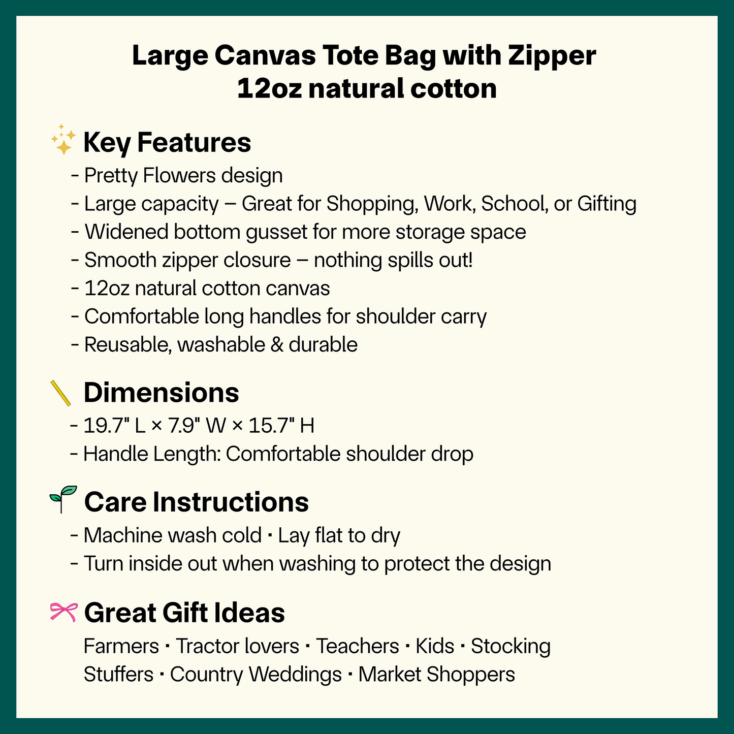 πΈ Pretty Flowers Canvas Tote Bag - Large Reusable Zipper Tote