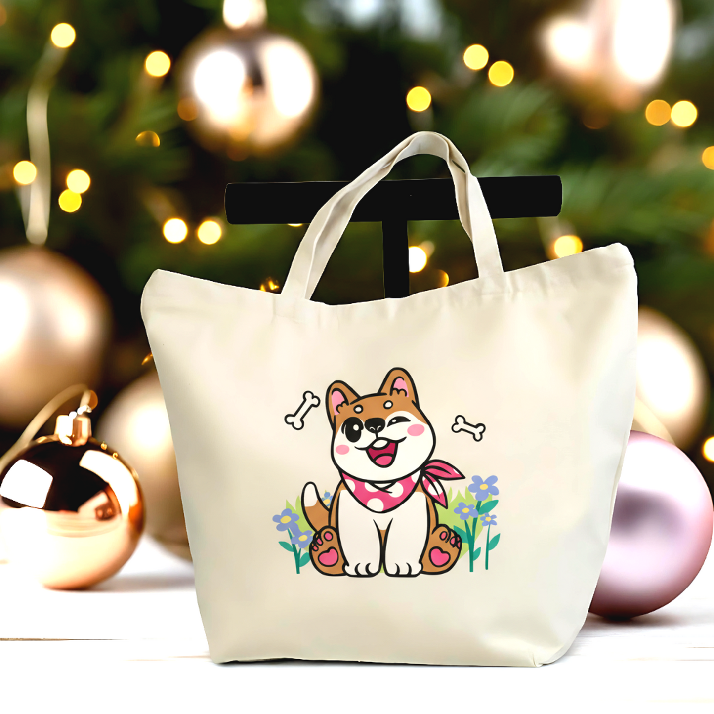 🐶✨ Cute Puppy Love Canvas Tote - Large Canvas Bag with Zipper
