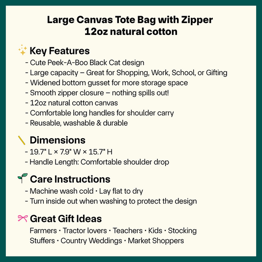 Cute Peek-A-Boo Black Cat Tote Bag - Large Reusable Zipper Tote