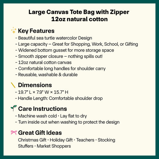 π«§ π’ Sea Turtle Large Canvas Tote Bag β Eco-Friendly 12oz Cotton, Zippered, Washable & Everyday Use