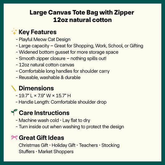 πΎ π Cute Meow Cat Canvas Tote β Zippered Eco-Friendly Bag (Copy)