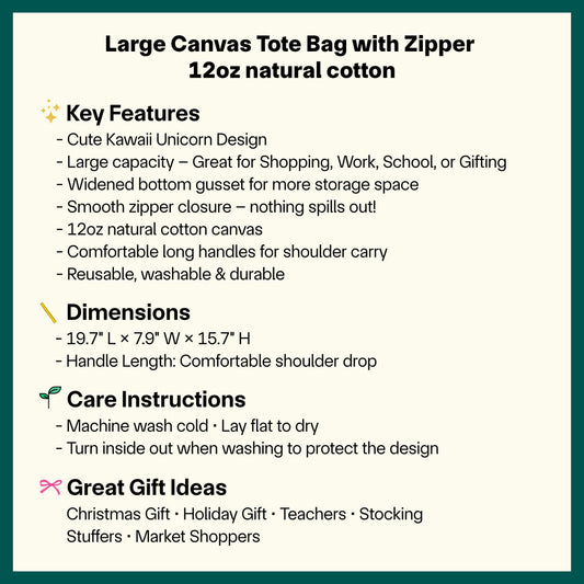 β¨π¦ Cute Kawaii Unicorn Canvas Tote Bag - Large Tote Bag with Zipper