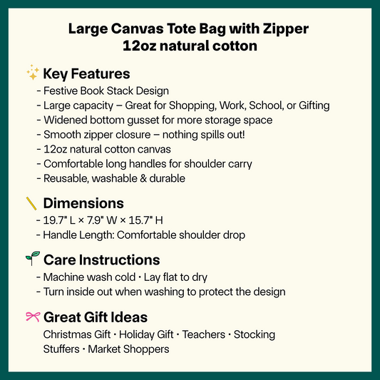 π All Booked for Christmas β Large 12oz Canvas Tote Bag with Zipper