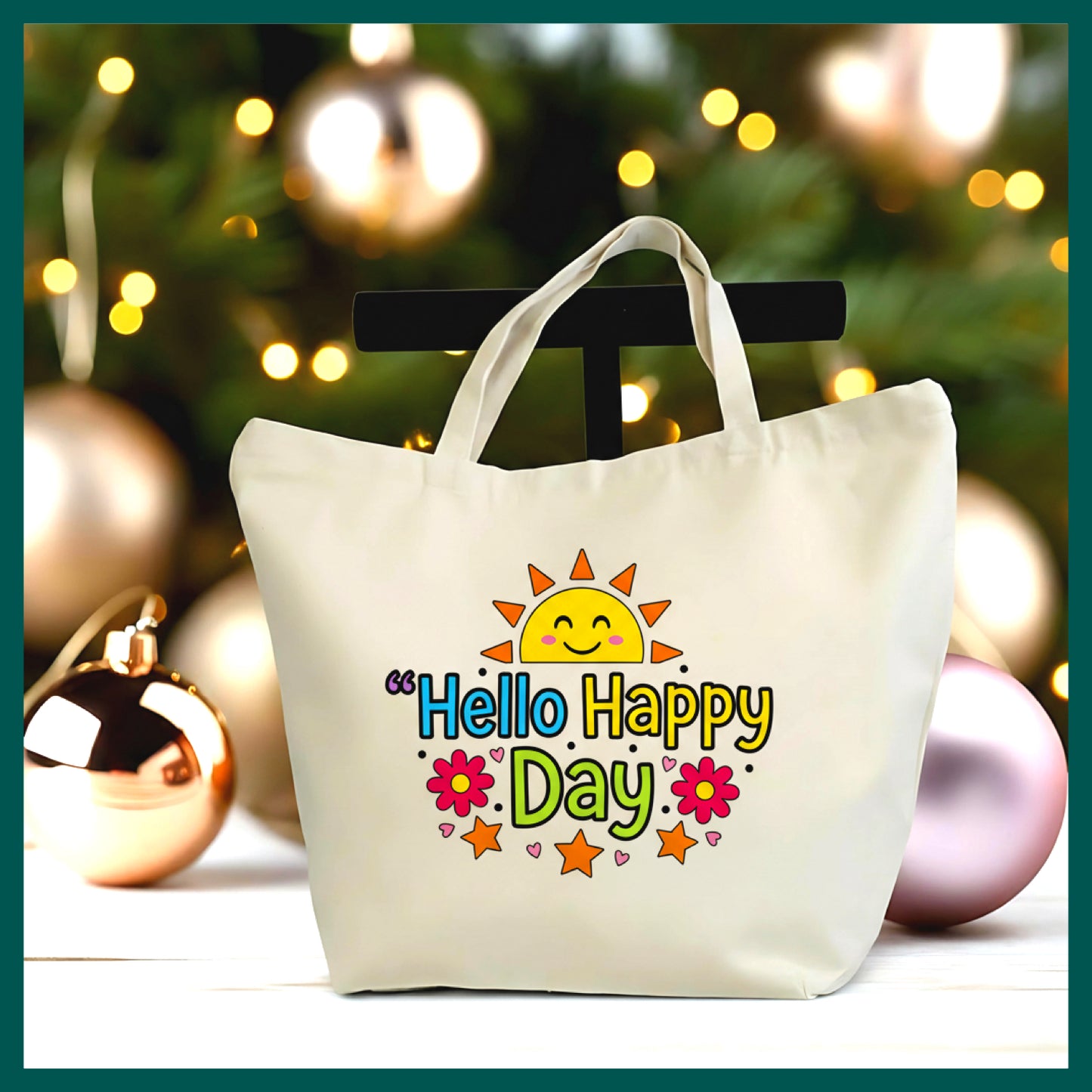 Hello Happy Tote Bag – Positive Vibes Canvas Tote, Cute Sunshine Quote Bag, Feel Good Everyday Tote