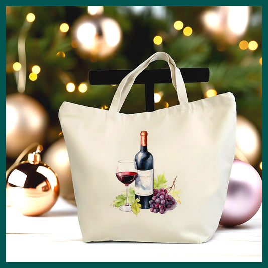 Wine Lover Tote Bag – Wine Bottle & Grapes Canvas Tote, Vineyard Aesthetic Bag, Gift for Wine Lovers