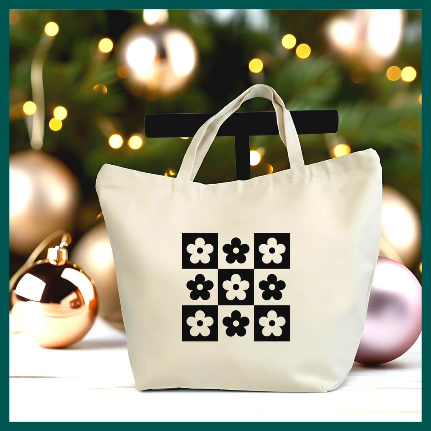 Abstract Floral Tote Bag – Modern Flower Grid Canvas Tote, Minimalist Botanical Bag, Trendy Aesthetic Tote