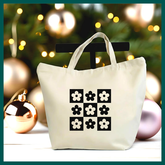 Abstract Floral Tote Bag – Modern Flower Grid Canvas Tote, Minimalist Botanical Bag, Trendy Aesthetic Tote