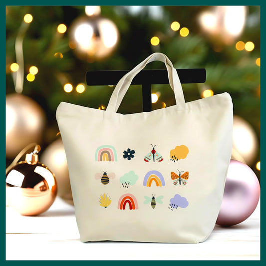 Cute Doodle Tote Bag – Hand Drawn Icons Canvas Tote, Fun Aesthetic Bag, Colorful Everyday Tote