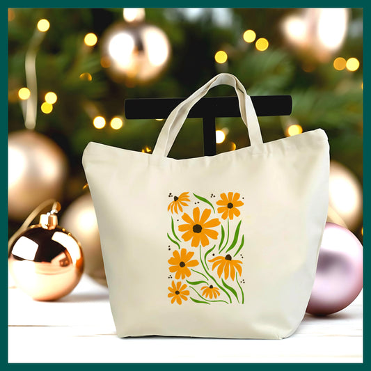 Yellow Floral Tote Bag – Bright Daisy Canvas Tote, Spring Flower Bag, Botanical Gift for Her