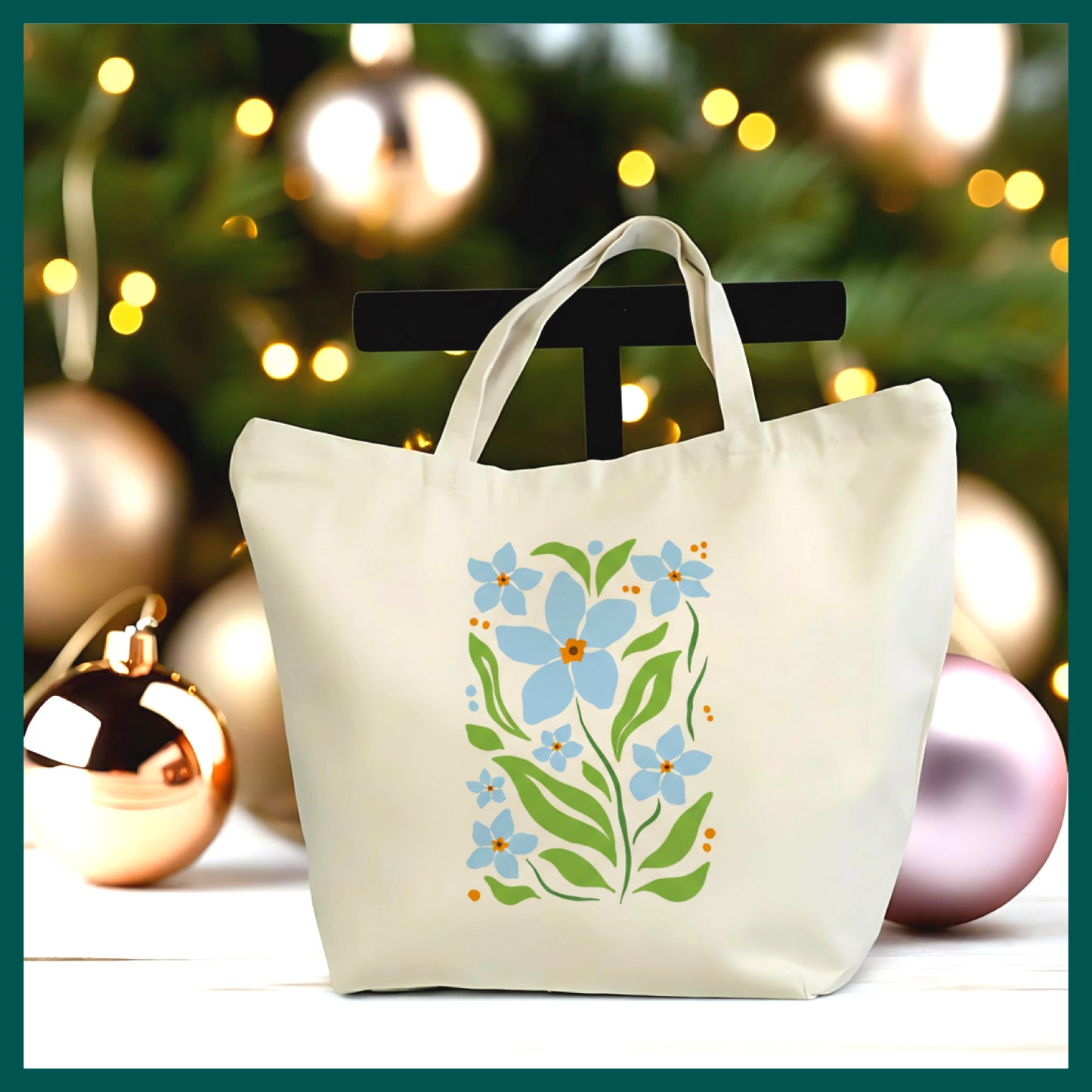 Blue Floral Tote Bag – Elegant Botanical Canvas Tote, Minimal Flower Design, Nature Inspired Bag