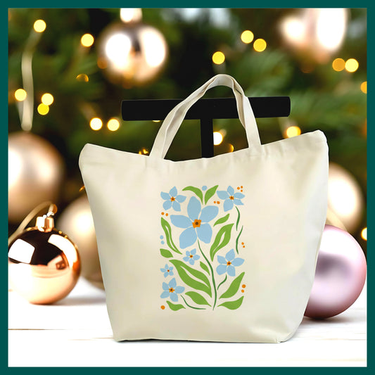 Blue Floral Tote Bag – Elegant Botanical Canvas Tote, Minimal Flower Design, Nature Inspired Bag