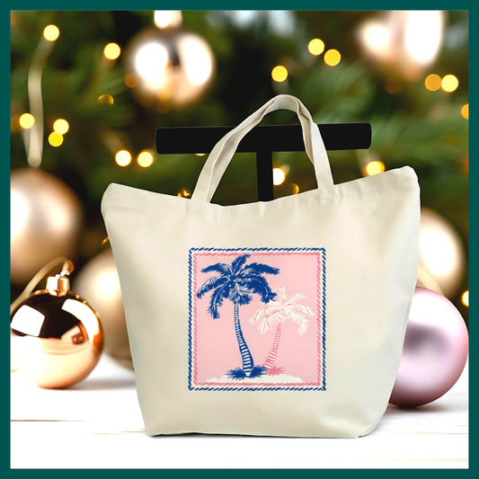 Tropical Palm Tote Bag – Beach Sunset Canvas Tote, Summer Vacation Bag, Coastal Aesthetic Tote