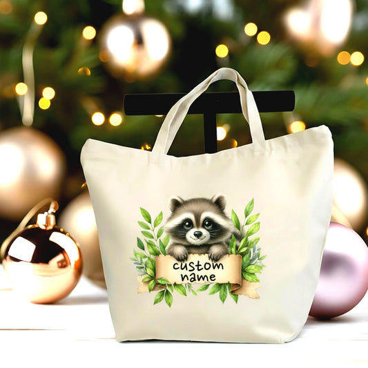 🦝 Personalized Raccoon Tote Bag | Custom Name Canvas Tote with Zipper