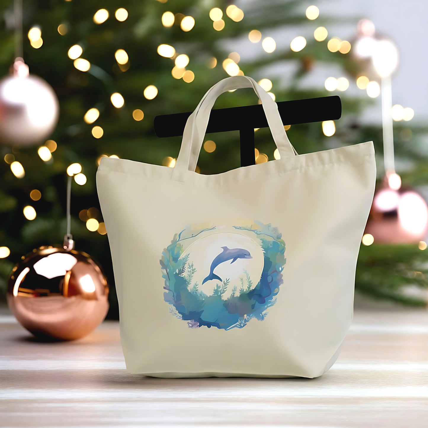 🐬 Ocean Dolphin Canvas Tote Bag, Large Reusable Zipper Tote