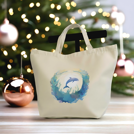 🐬 Ocean Dolphin Canvas Tote Bag, Large Reusable Zipper Tote
