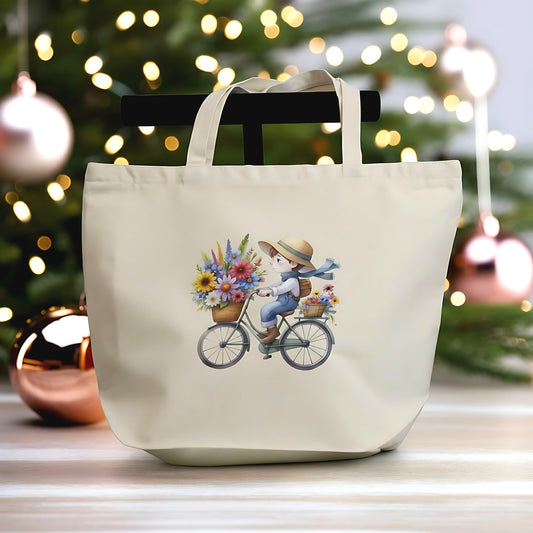 🚲 Floral Girl Bicycle Canvas Tote, Large Reusable Zipper Tote