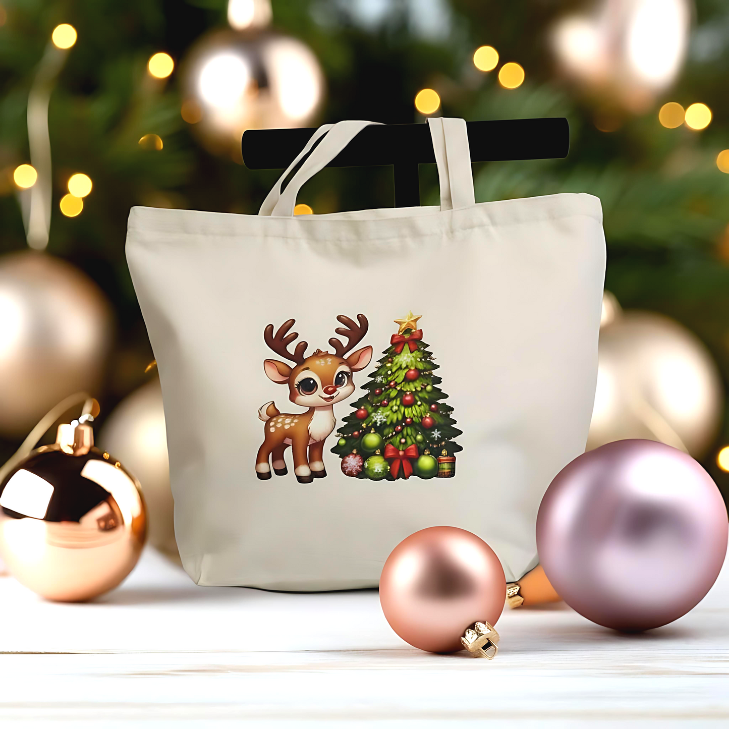 🦌 Christmas Reindeer Tote Bag, Large Reusable Zipper Tote