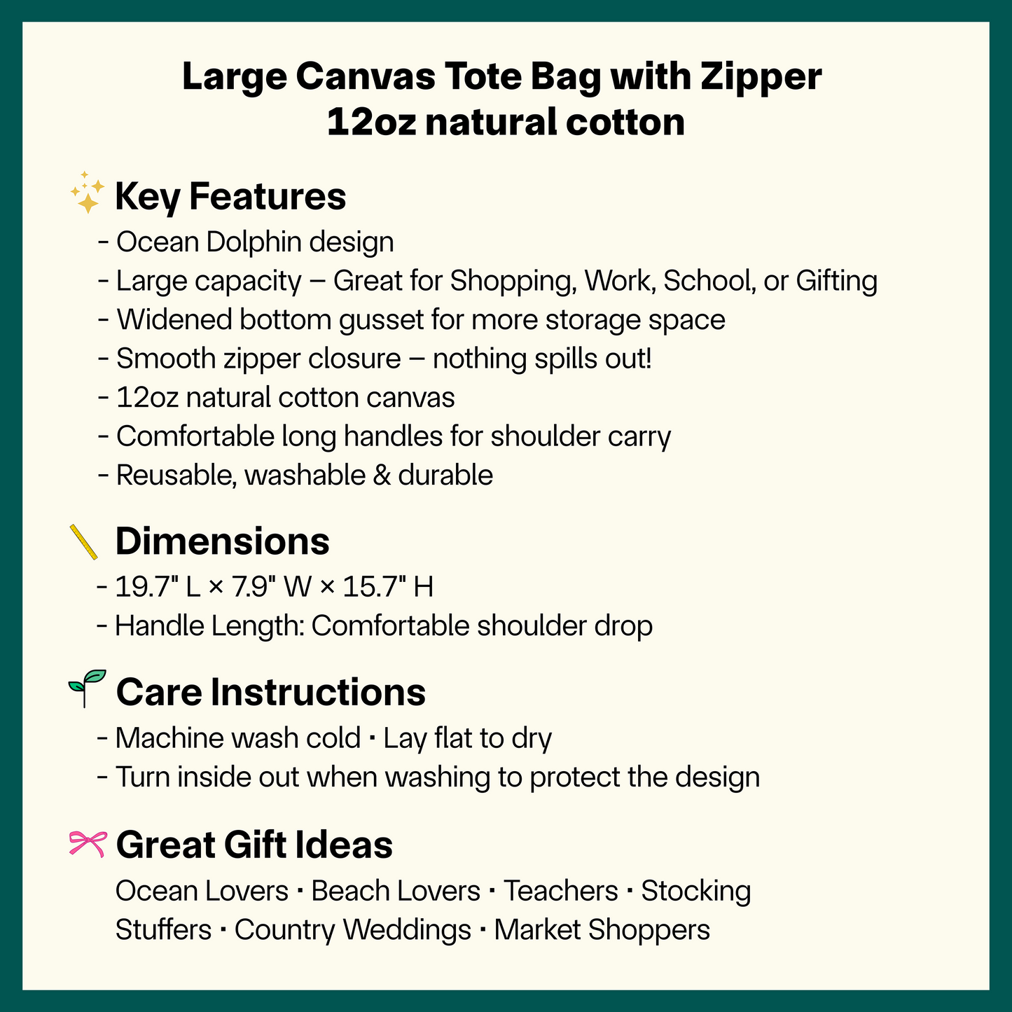 🐬 Ocean Dolphin Canvas Tote Bag, Large Reusable Zipper Tote