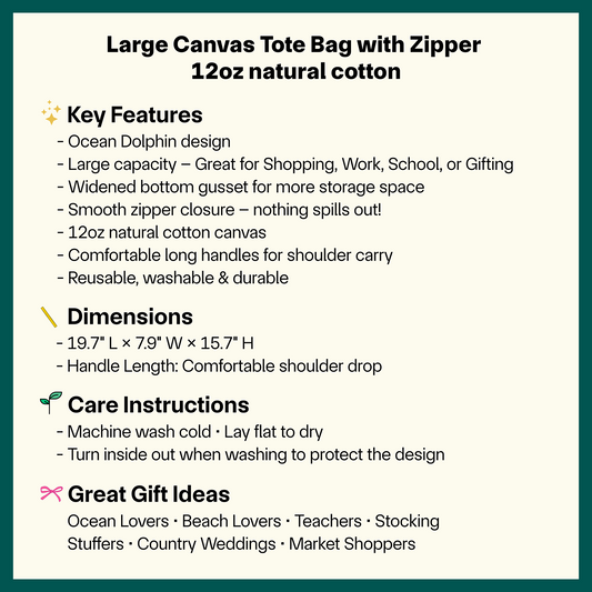 🐬 Ocean Dolphin Canvas Tote Bag, Large Reusable Zipper Tote
