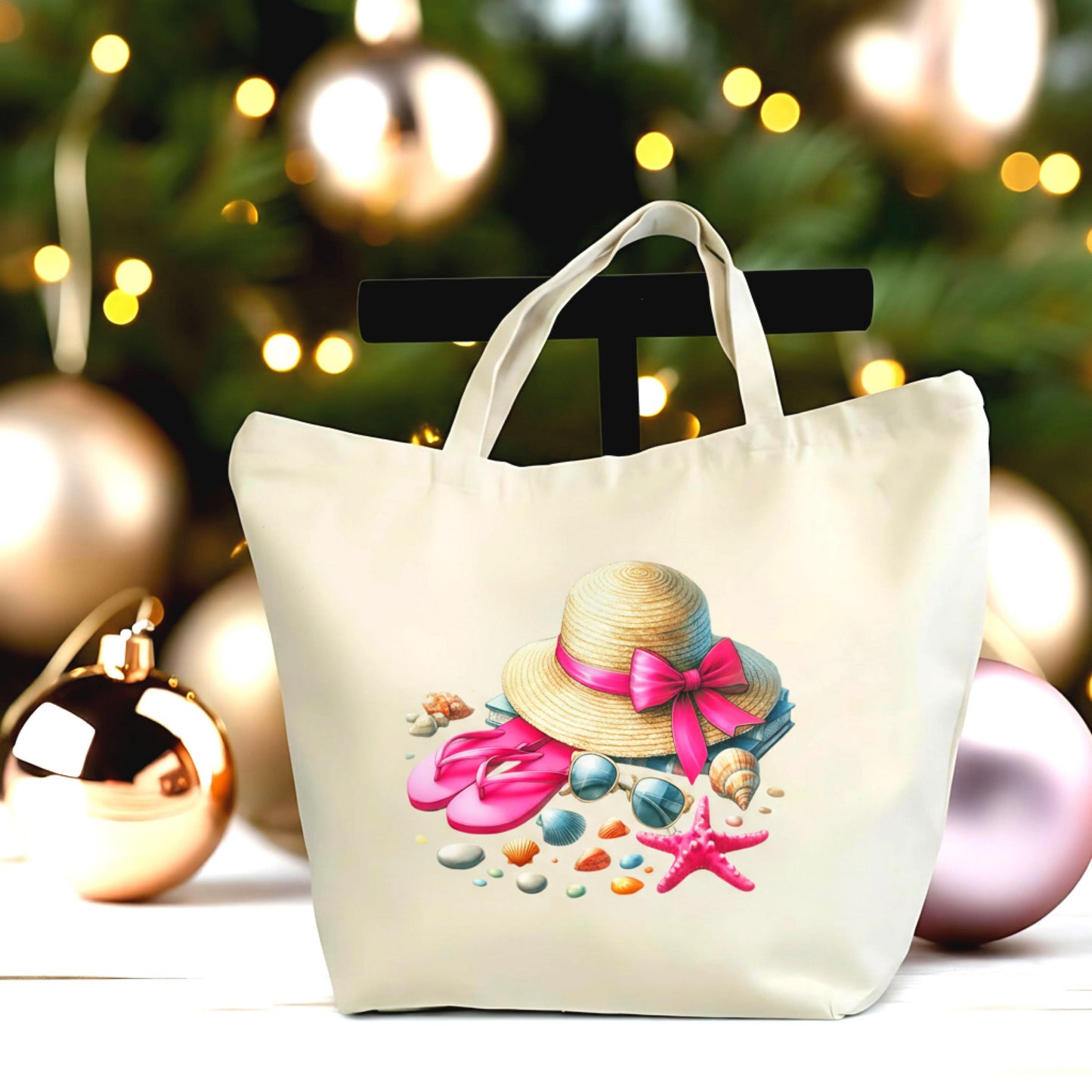 🌴👒 Beach Essentials Canvas Tote Bag | Summer Aesthetic Large Zipper Tote