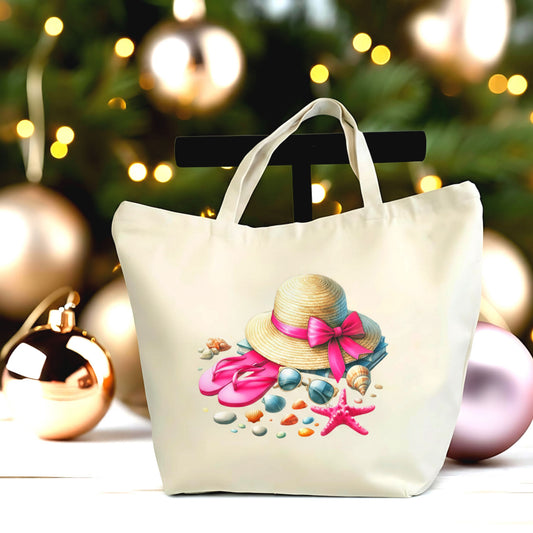 🌴👒 Beach Essentials Canvas Tote Bag | Summer Aesthetic Large Zipper Tote