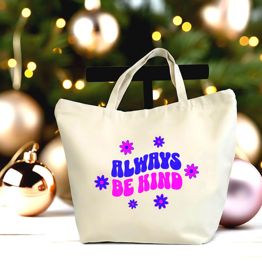 🌈 🔤 "Always Be Kind" Canvas Tote Bag with Zipper | Inspirational Eco-Friendly Cotton Tote