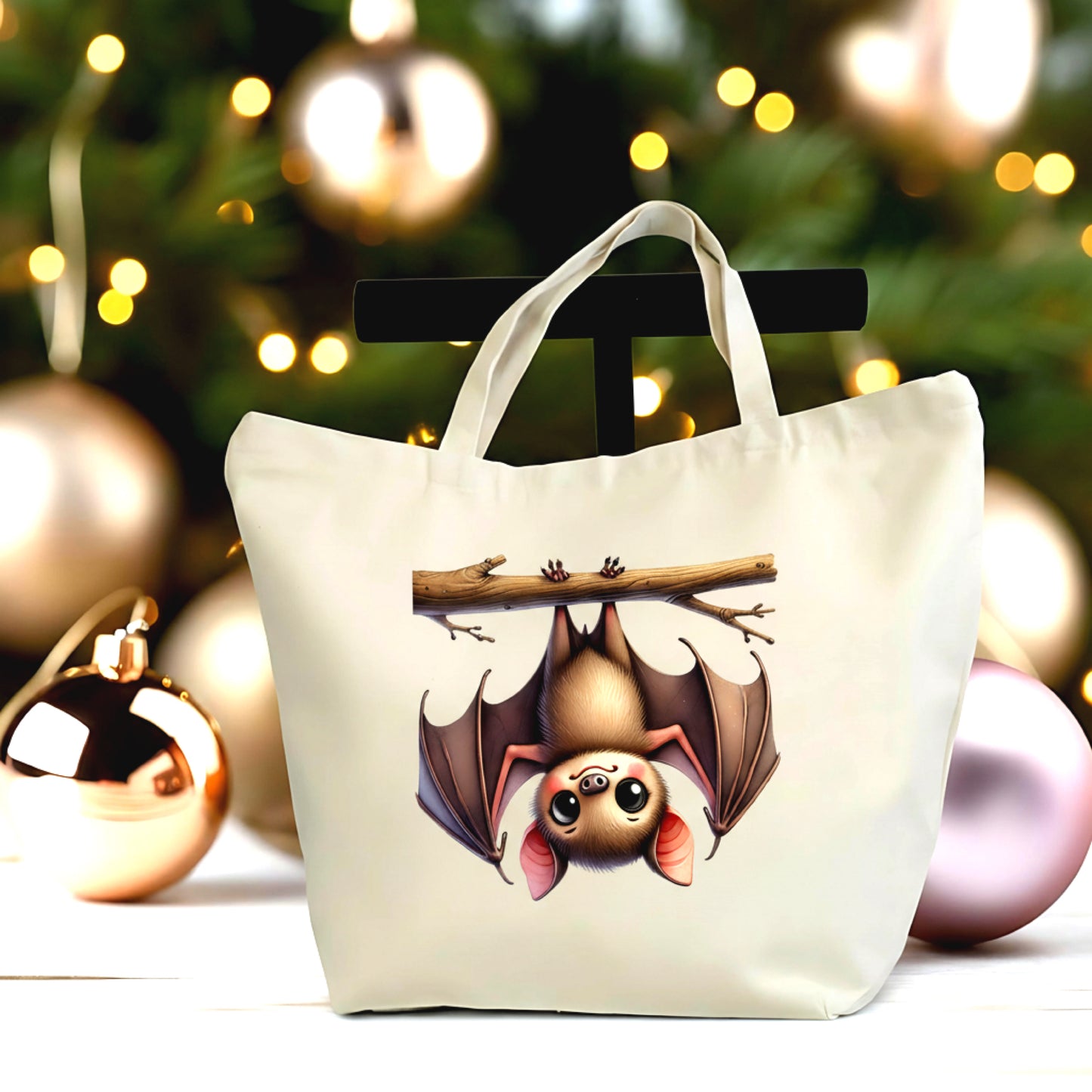 🦇💛 Cute Hanging Bat Canvas Tote Bag, Large Zipper Tote