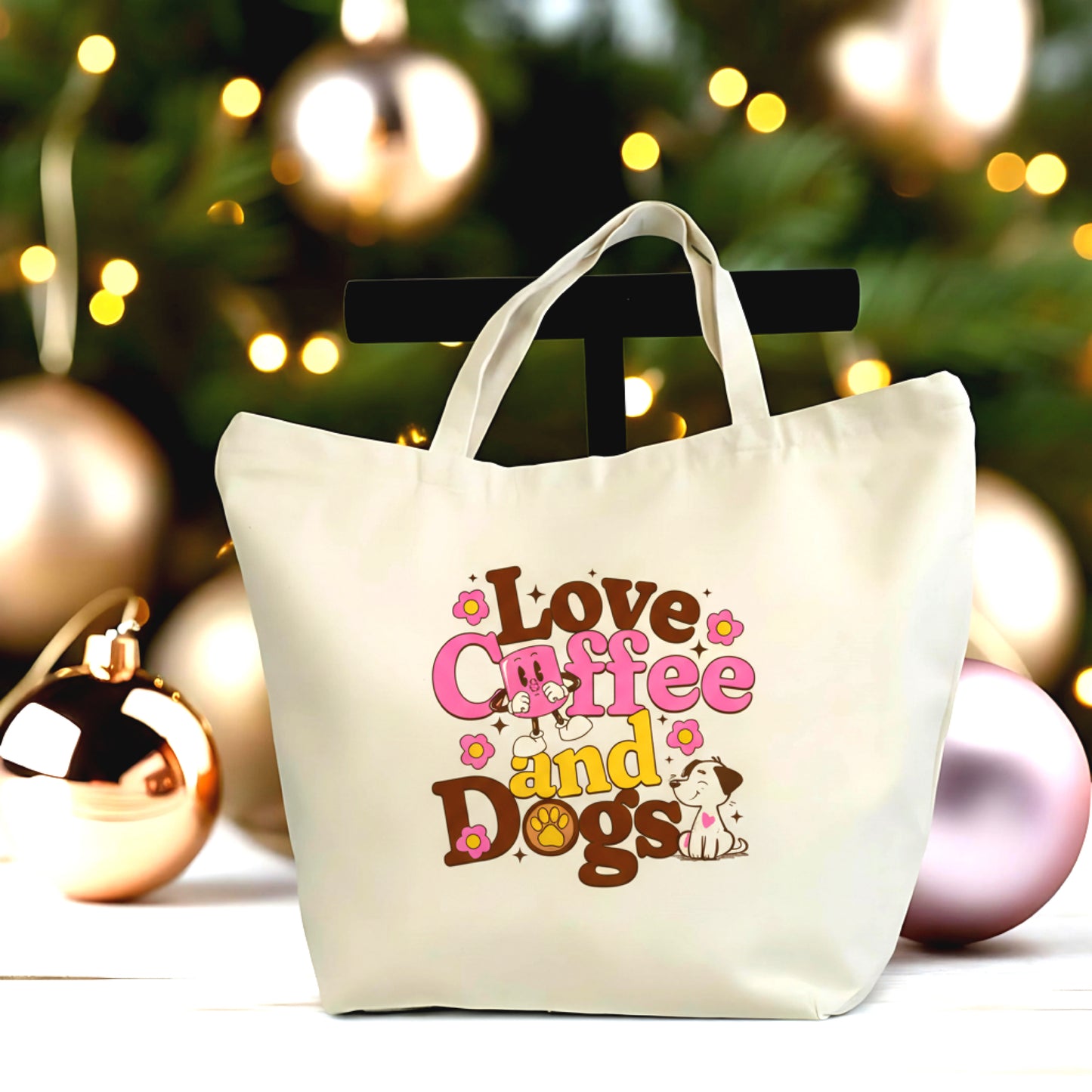 ☕🐶 "Love Coffee and Dogs" Canvas Tote Bag – Cute Coffee Lover & Dog Mom Gift