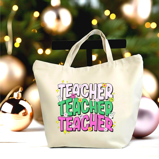 🧑‍🏫 🖍️ "Teacher" Canvas Tote Bag – Fun Colorful Teacher Canvas Bag with Zipper