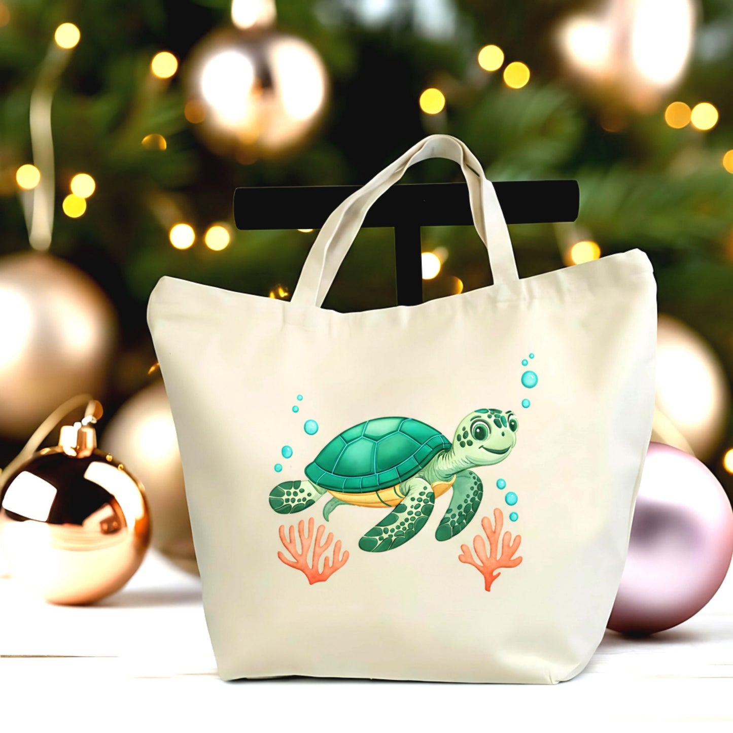 🫧 🐢 Sea Turtle Large Canvas Tote Bag – Eco-Friendly 12oz Cotton, Zippered, Washable & Everyday Use