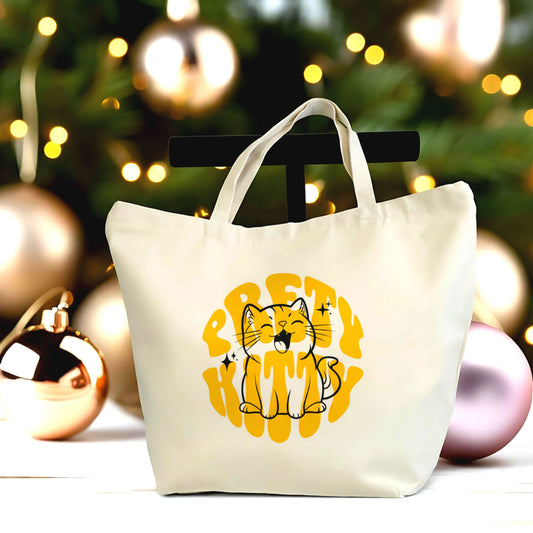 🐱✨ Adorable “Pretty Kitty” Cat Tote – Large Canvas Bag with Zipper