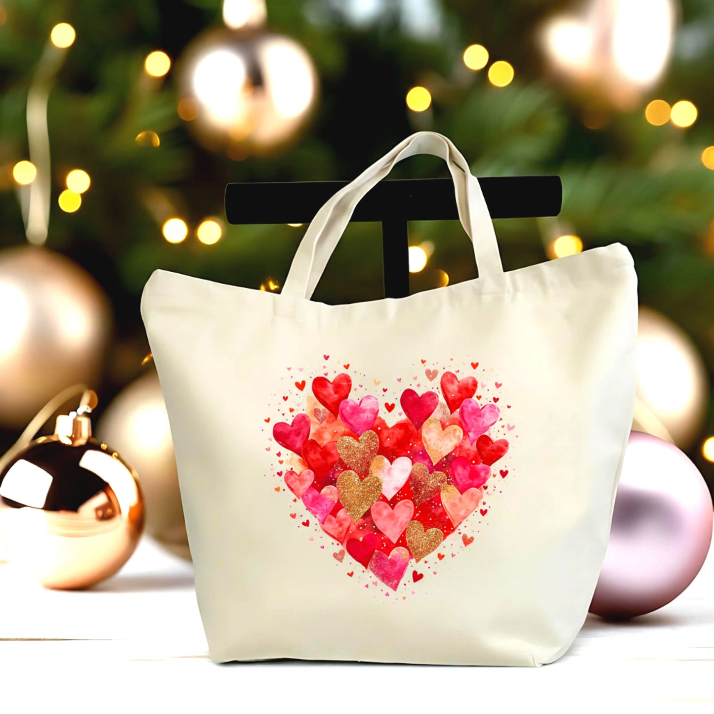 ❤️✨ Watercolor Heart Canvas Tote Bag | Romantic Valentine’s Day Large Zipper Tote