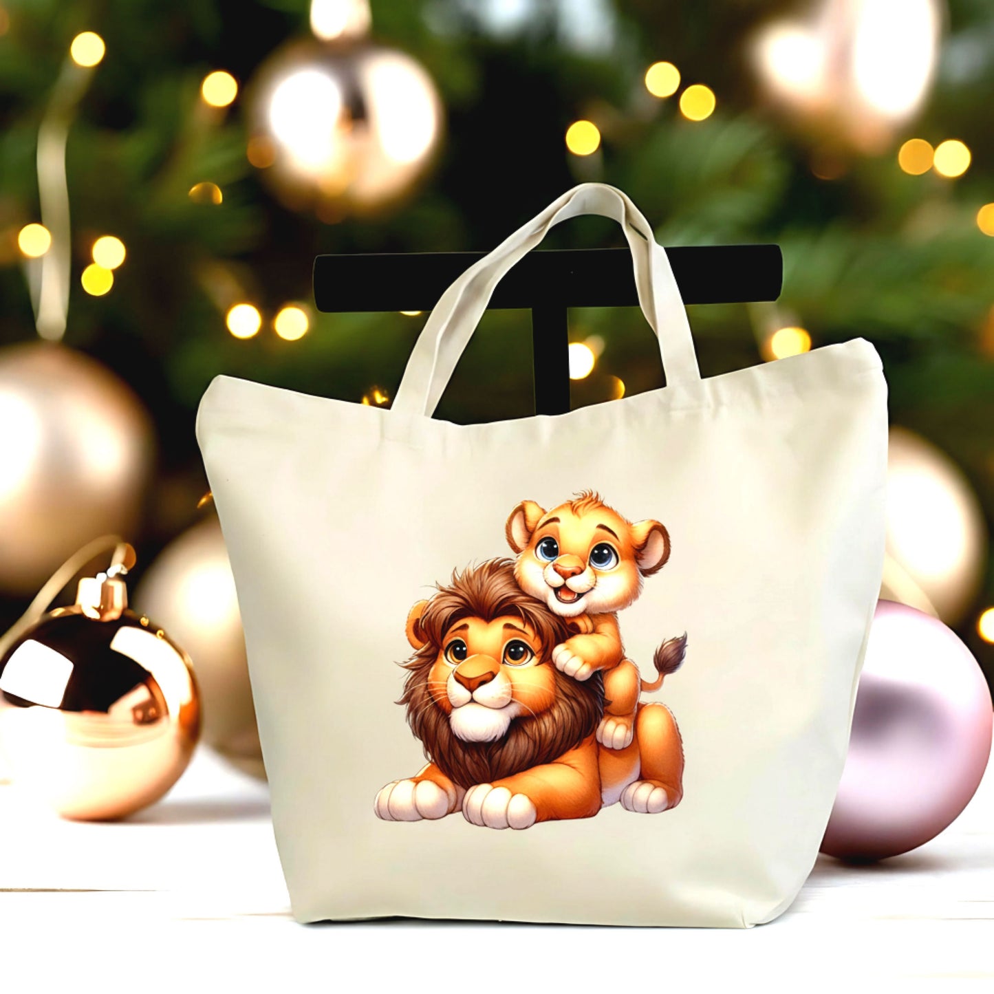 🦁💛 Lion Mama & Cub Tote Bag – Cute Mother’s Day Gift for Moms | Animal Mom Canvas Bag