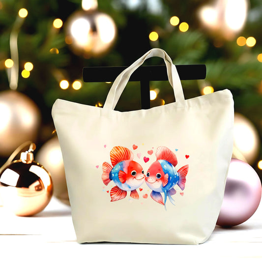 💕🐟 Cute Love Fish Canvas Tote Bag | Valentine’s Day Heart Fish Large Zipper Tote