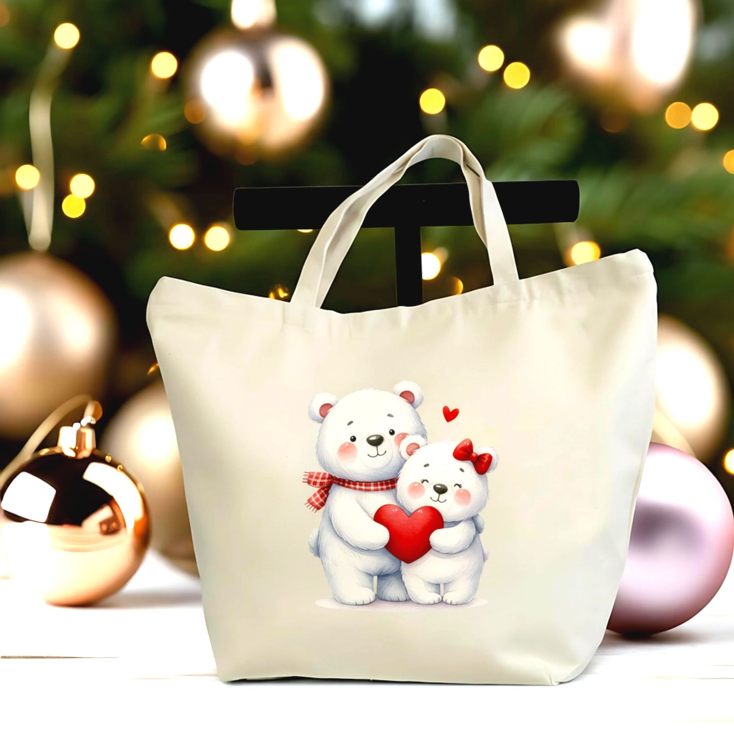 🧸❤️ Cute Bear Couple Valentine Tote Bag | Love Bears Canvas Tote with Zipper