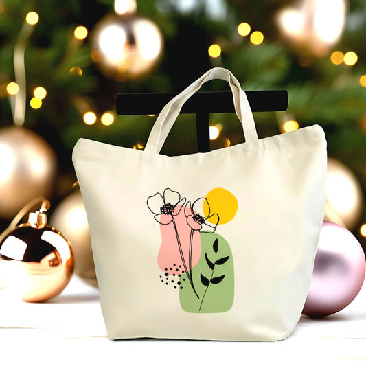 🌸🔒 Minimal Floral Canvas Tote Bag with Zipper | Eco-Friendly Large Cotton Shoulder Bag