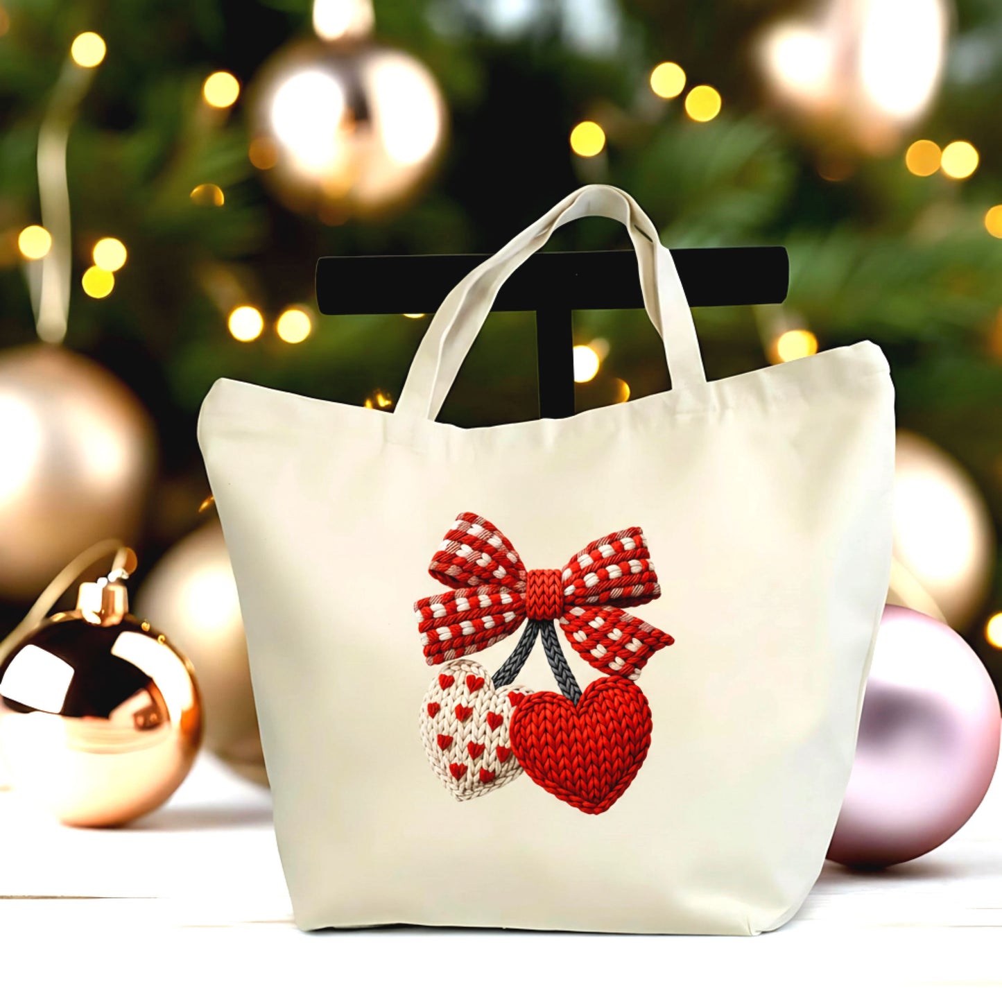 🎀❤️ Knitted Hearts Valentine Tote Bag | Cozy Love Canvas Tote with Zipper