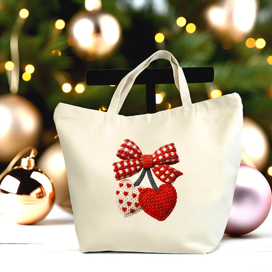🎀❤️ Knitted Hearts Valentine Tote Bag | Cozy Love Canvas Tote with Zipper