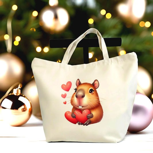 💖🐹 Cute Capybara Valentine Tote Bag | Adorable Love Animal Canvas Tote with Zipper