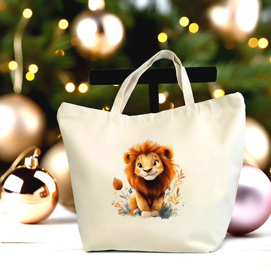 🦁 Adorable Baby Lion Tote Bag – Large Canvas Bag with Zipper