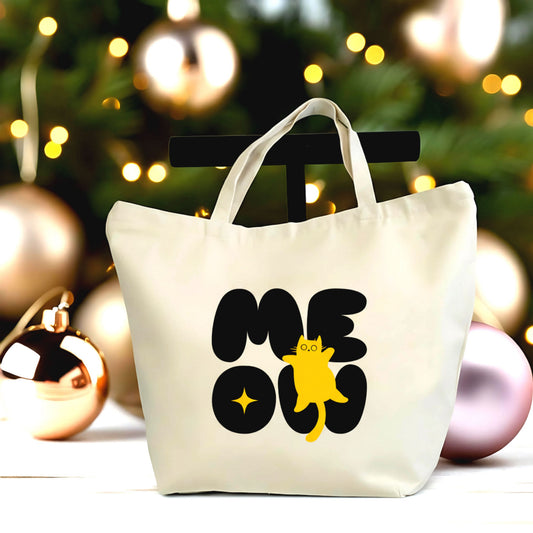 🐾💛 Playful Meow Cat Canvas Tote – Zippered Eco-Friendly Bag
