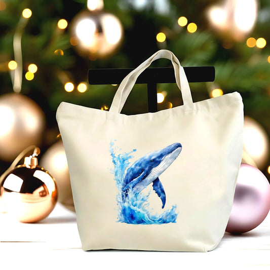 🌊 🐋 Watercolor Whale & Waves Tote Bag – Spacious Eco Canvas Bag