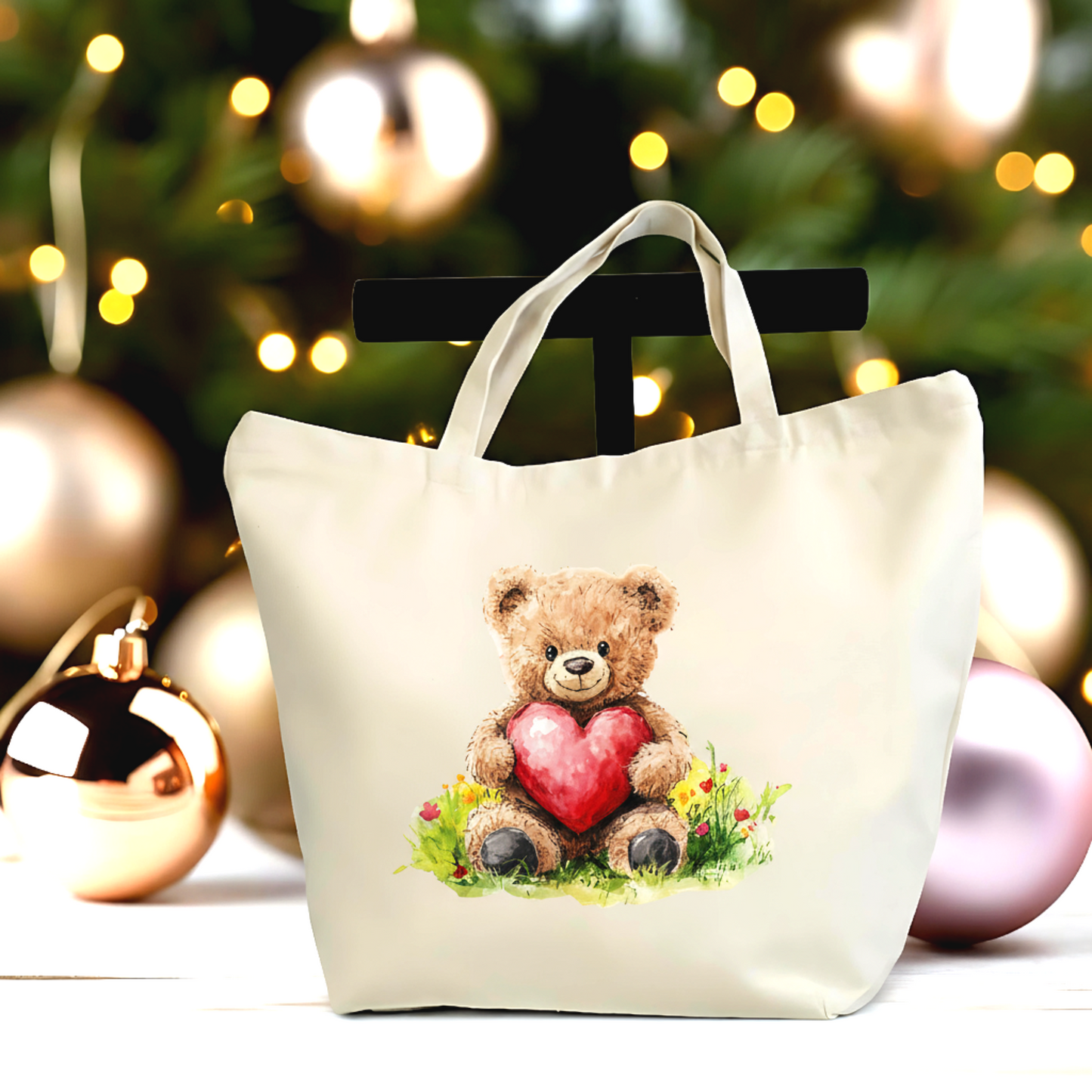 🧸❤️ Teddy Bear With Heart Tote Bag – Large Canvas Tote