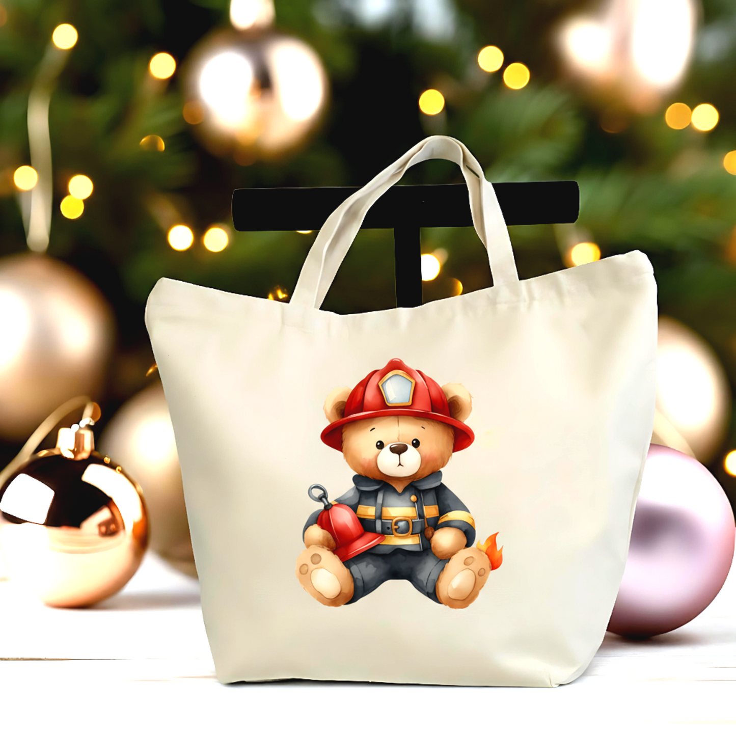 🚒🐻 Firefighter Bear Tote Bag – Large Canvas Tote