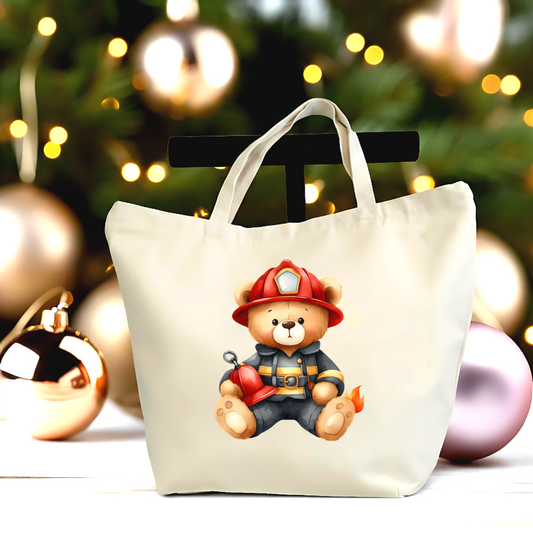 🚒🐻 Firefighter Bear Tote Bag – Large Canvas Tote