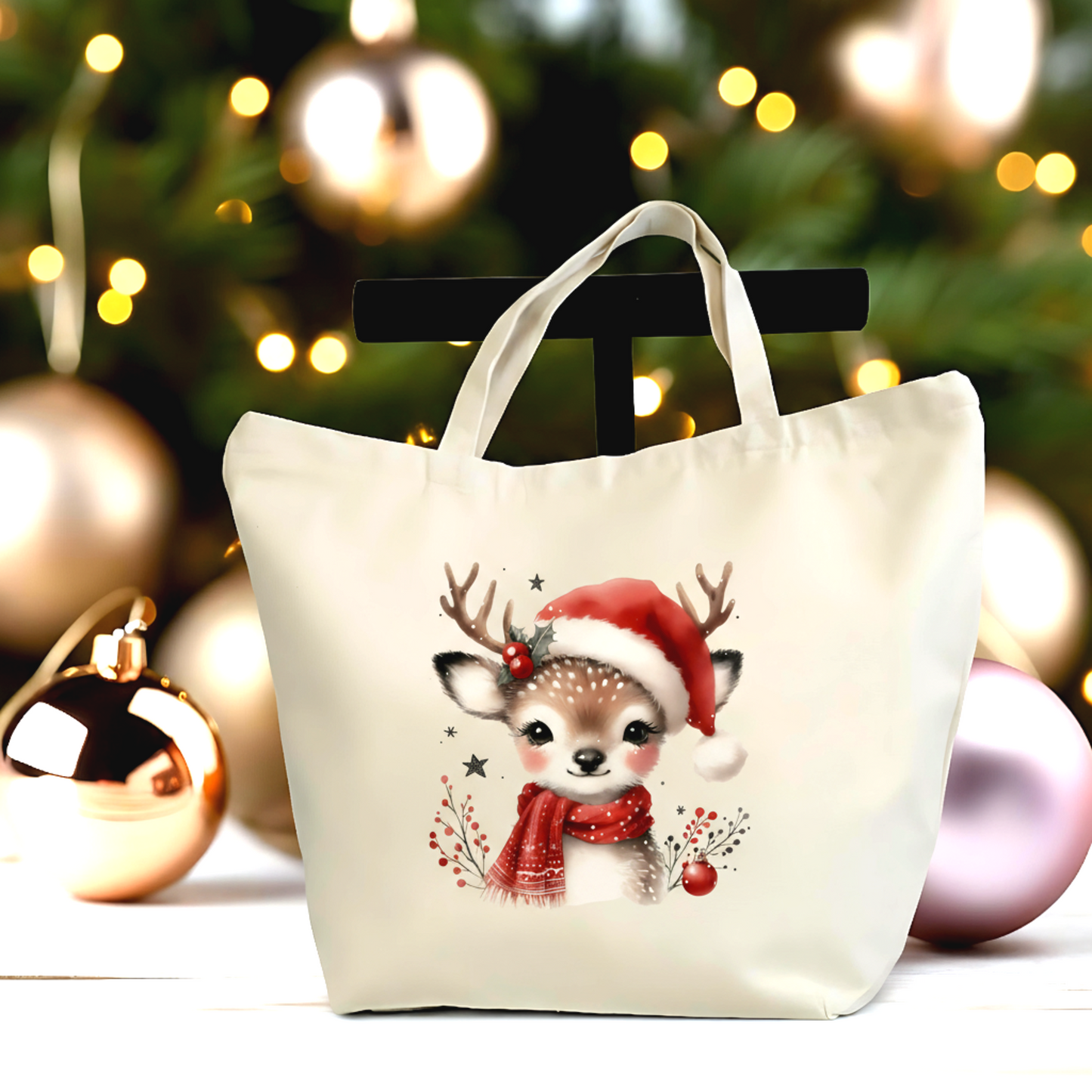 🎄 Christmas Deer Tote Bag – Large Canvas Tote