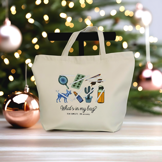 “What’s in My Bag?” Funny Canvas Tote Bag - Large Reusable Zipper Tote