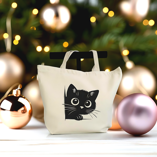 Cute Peek-A-Boo Black Cat Tote Bag - Large Reusable Zipper Tote