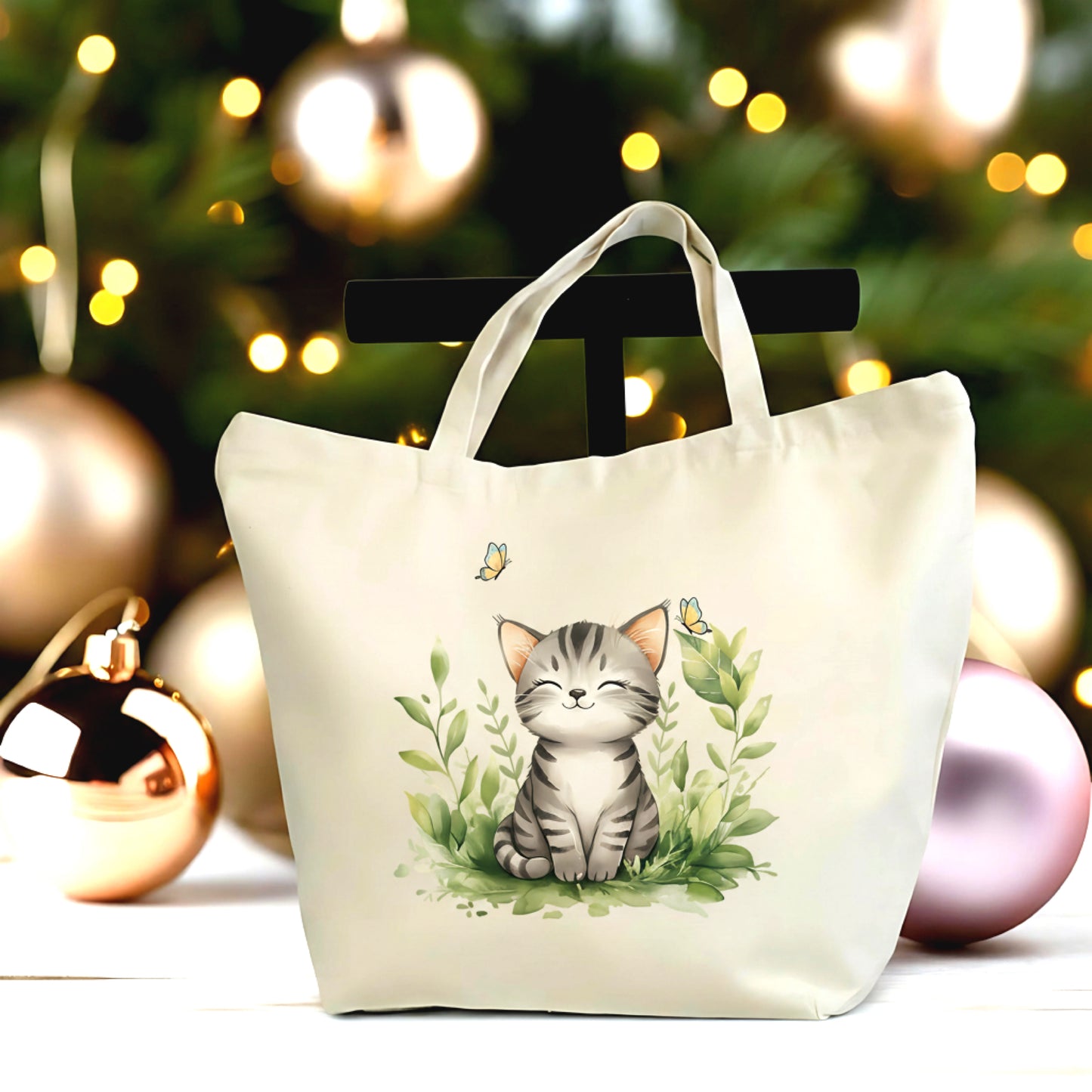 🐱 Cute Kitten Tote Bag – Large Canvas Bag with Zipper
