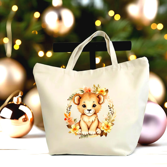 🦁 Cute Baby Lion Tote Bag – Large Canvas Bag with Zipper